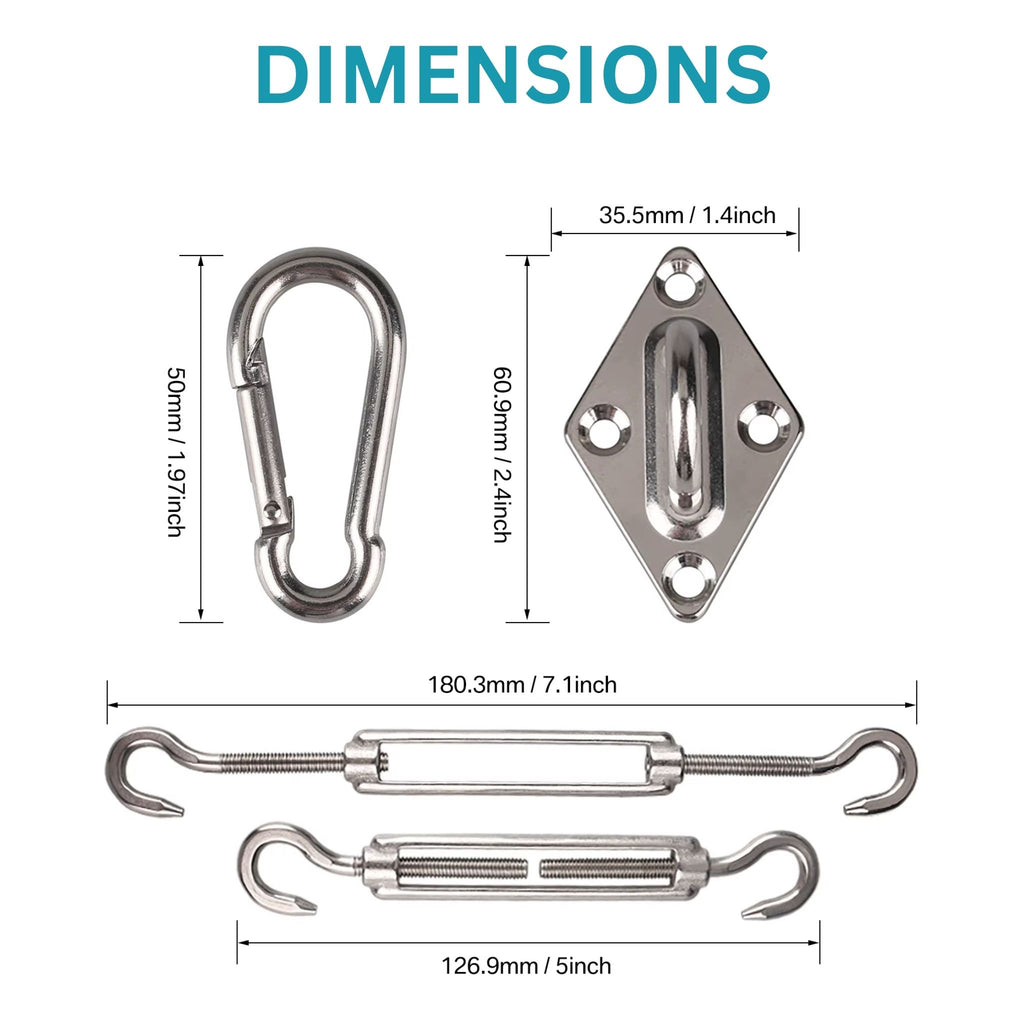 Dimensions des composants de notre kit de fixation complet ombrela pour les filets de camouflage et les voiles d'ombrage
