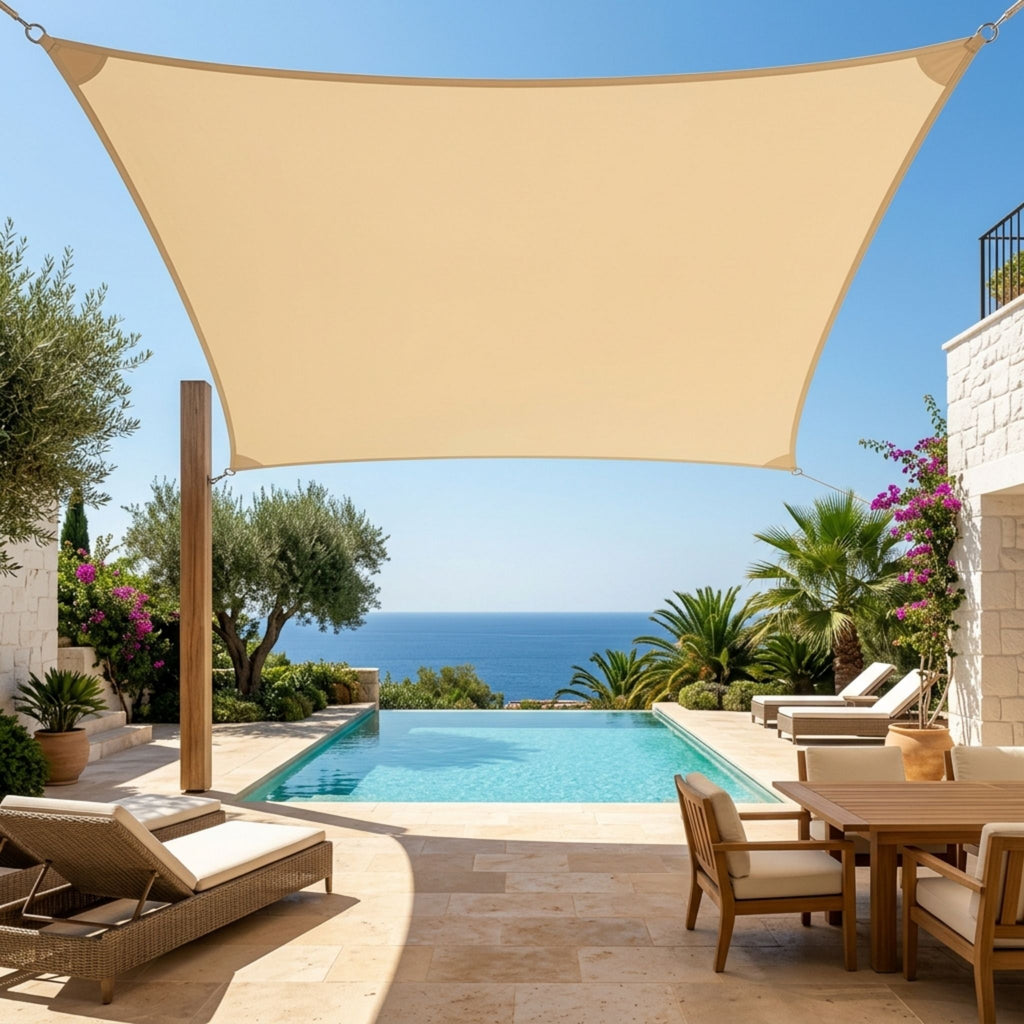 voile d'ombrage beige rectangulaire ombrela au dessus d'une terrasse vue sur piscine et mer