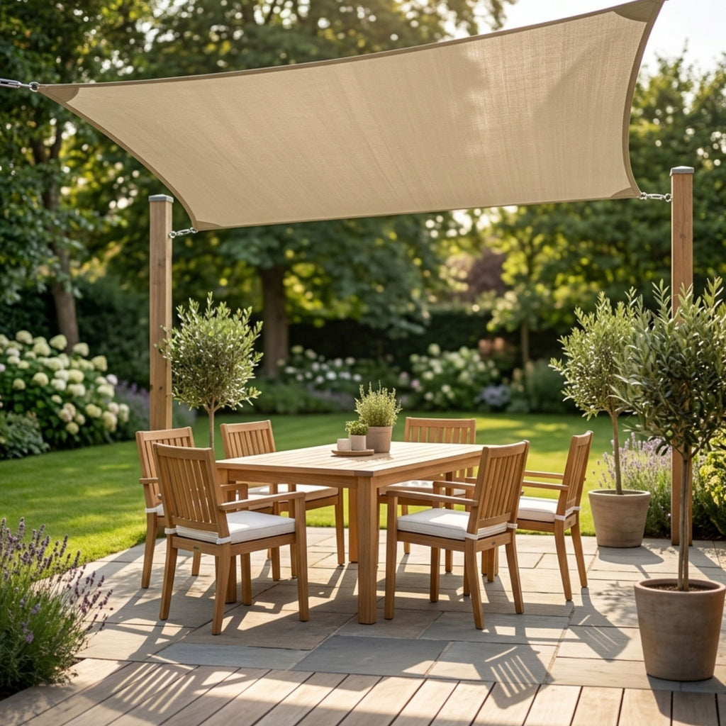 voile d'ombrage kaki rectangulaire ombrela au dessus d'une terrasse de jardin de maison