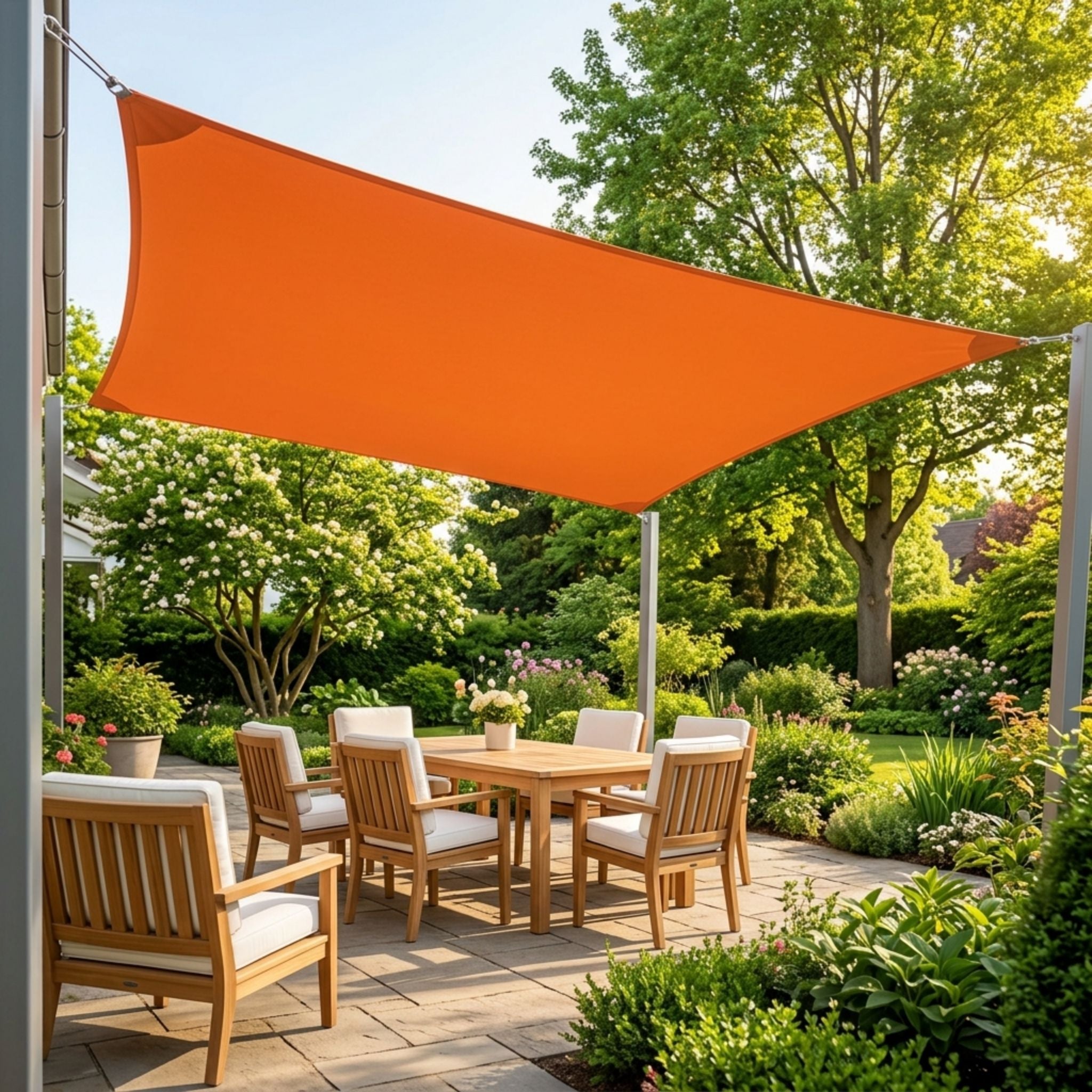 voile d'ombrage orange rectangulaire ombrela dans un jardin de maison
