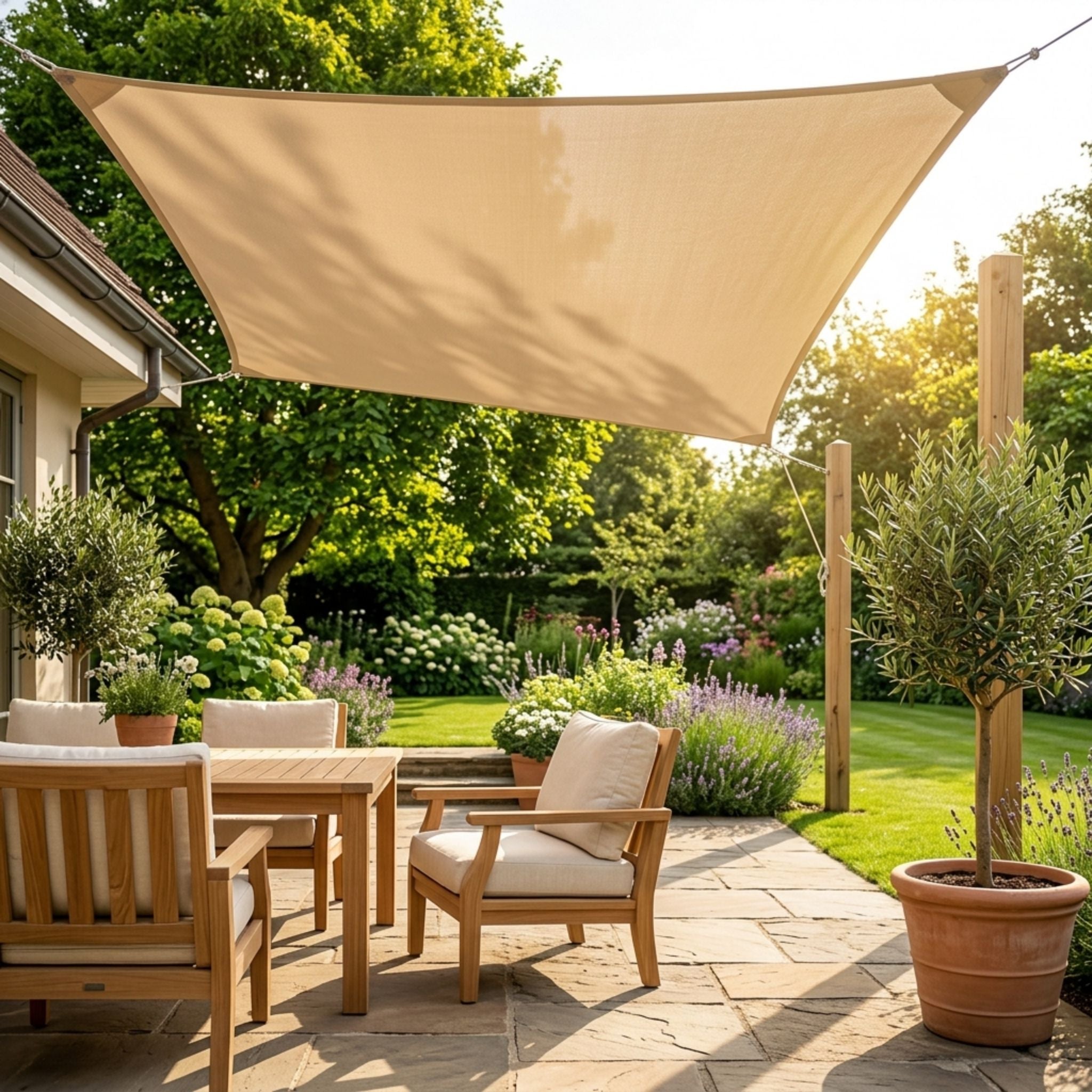 voile d'ombrage rectangulaire couleur sable de la marque ombrela dans un jardin 