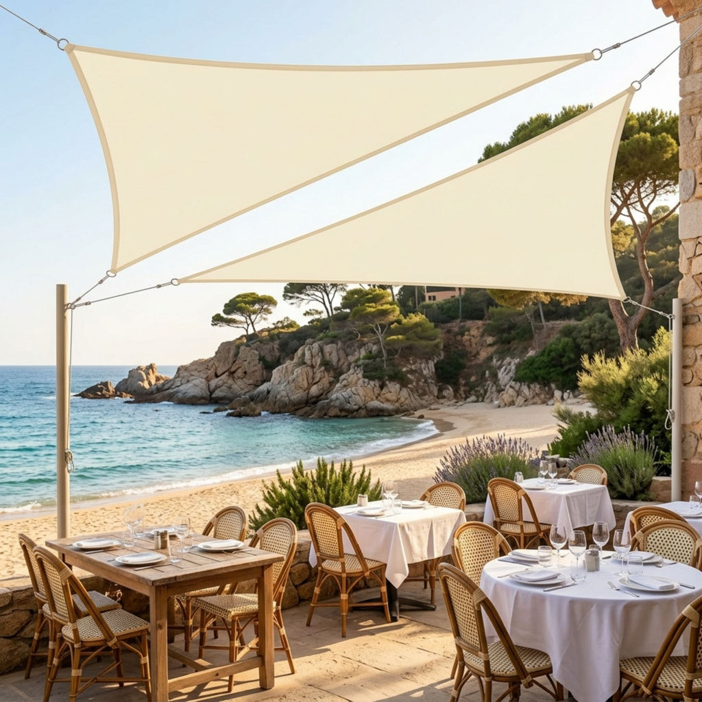 voile d'ombrage beige triangulaire de chez ombrela dans un restaurant vue sur la mer