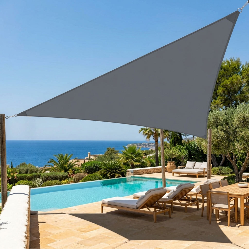 voile d'ombrage triangulaire gris foncé ombrela au dessus d'une terrasse de piscine vue sur mer