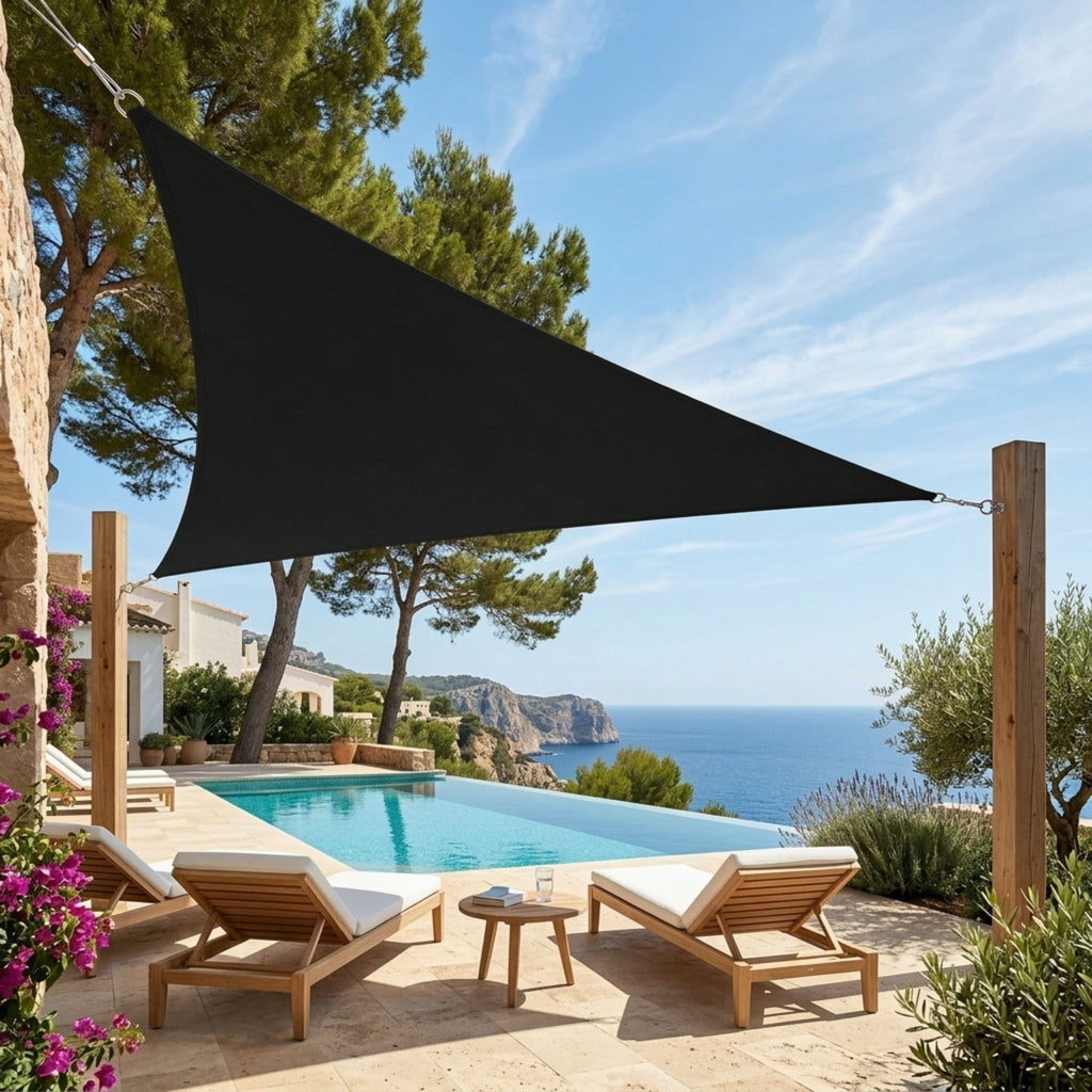 voile d'ombrage triangulaire noire ombrela au dessus d'une terrasse avec piscine et vue sur l'océan