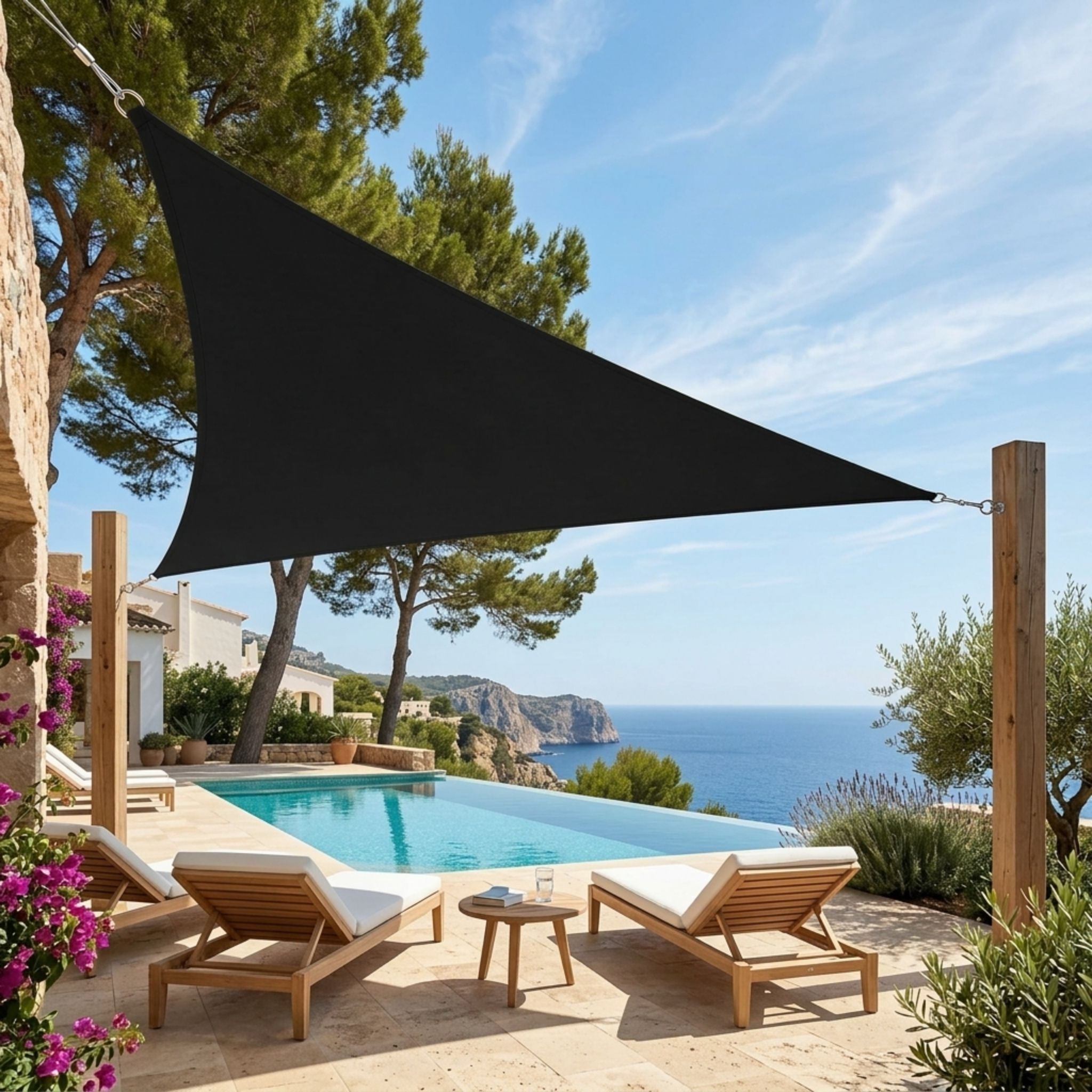 voile d'ombrage triangulaire noire ombrela au dessus d'une terrasse avec piscine et vue sur l'océan