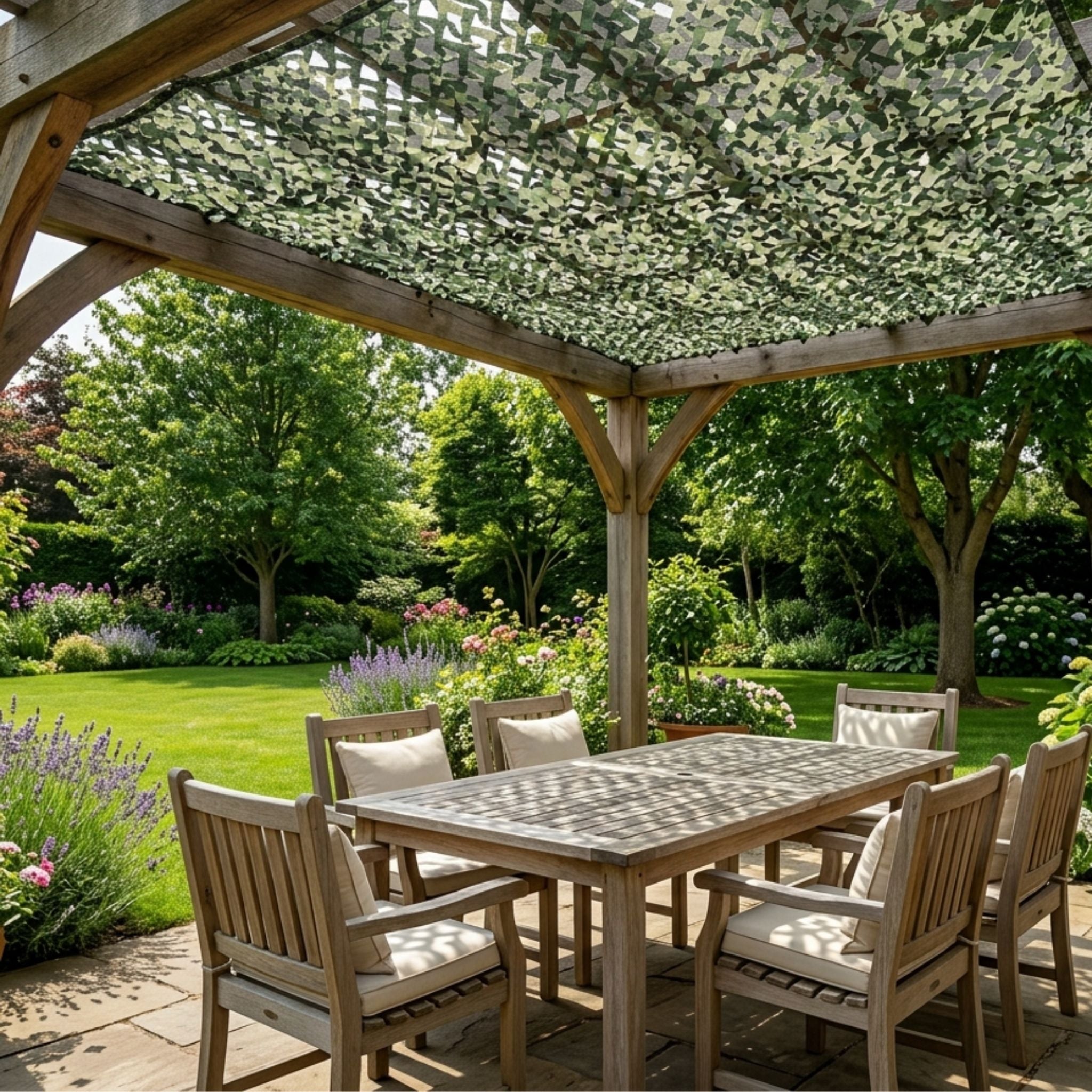filet de camouflage jungle pixel de Ombrela dans un jardin avec une pergola