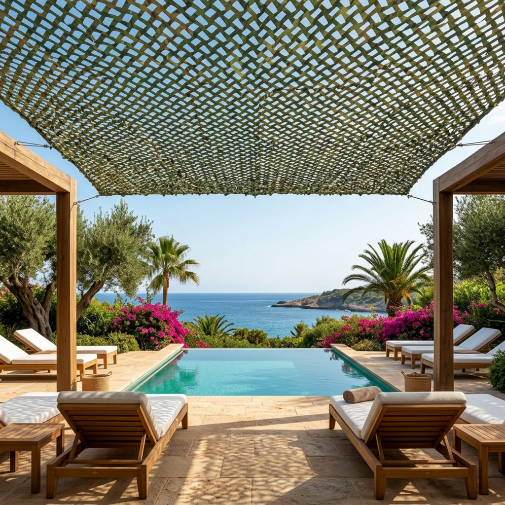 Filets de camouflage vert Jungle OMBRELA au-dessus d’une terrasse avec piscine et vue sur mer.