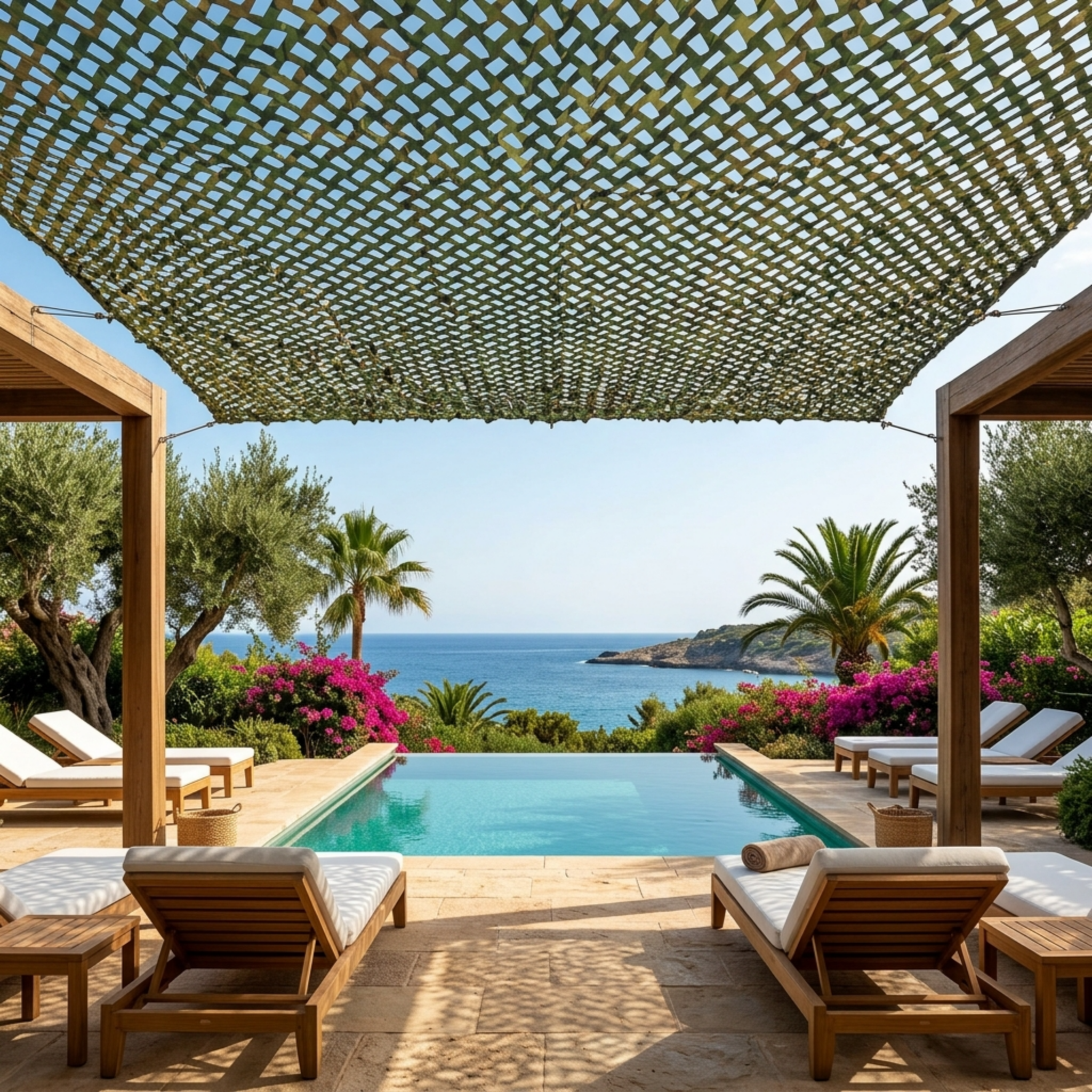Filets de camouflage vert Jungle OMBRELA au-dessus d’une terrasse avec piscine et vue sur mer.