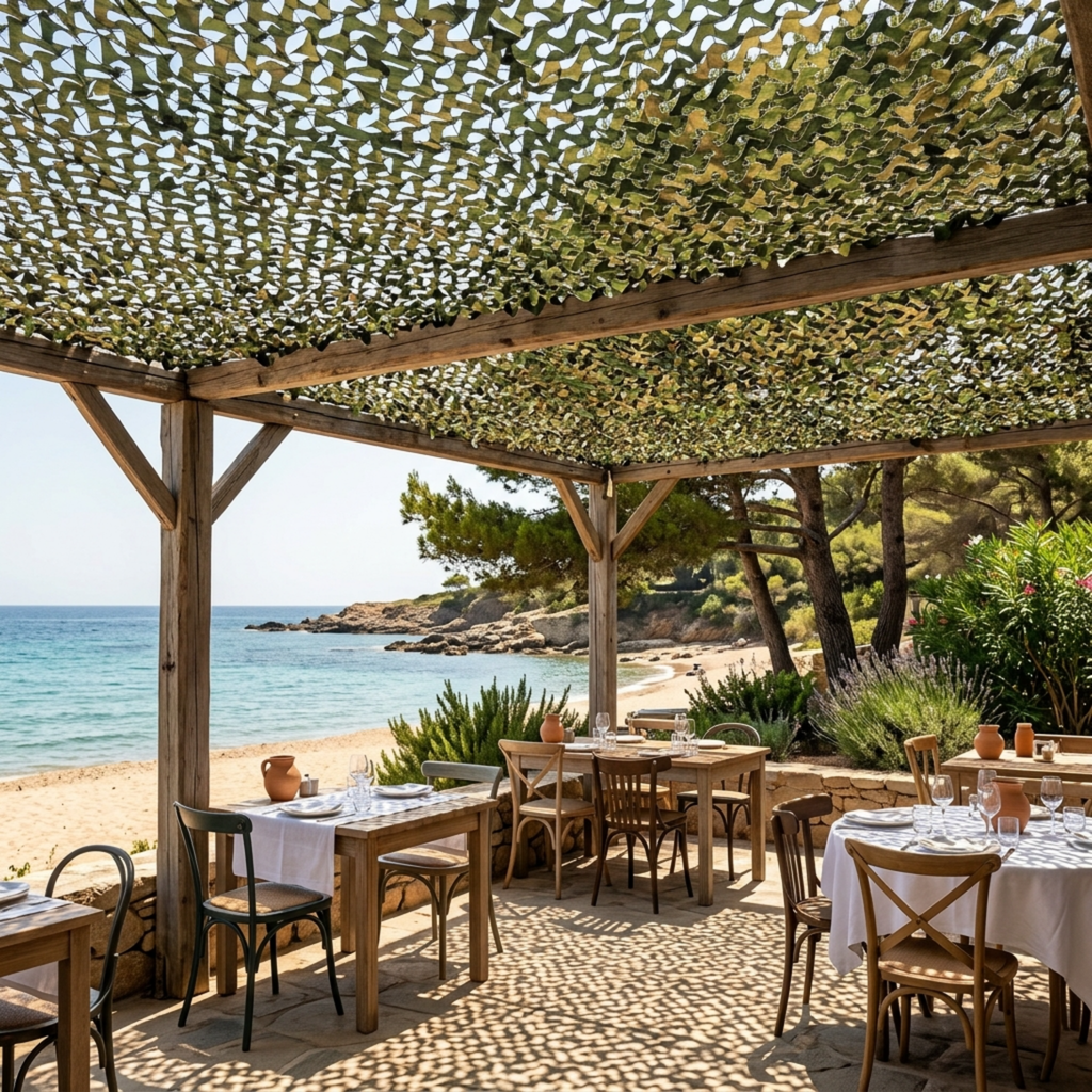 filet de camouflage vert jungle de Ombrela, devant la mer et au dessus de tables de restaurant