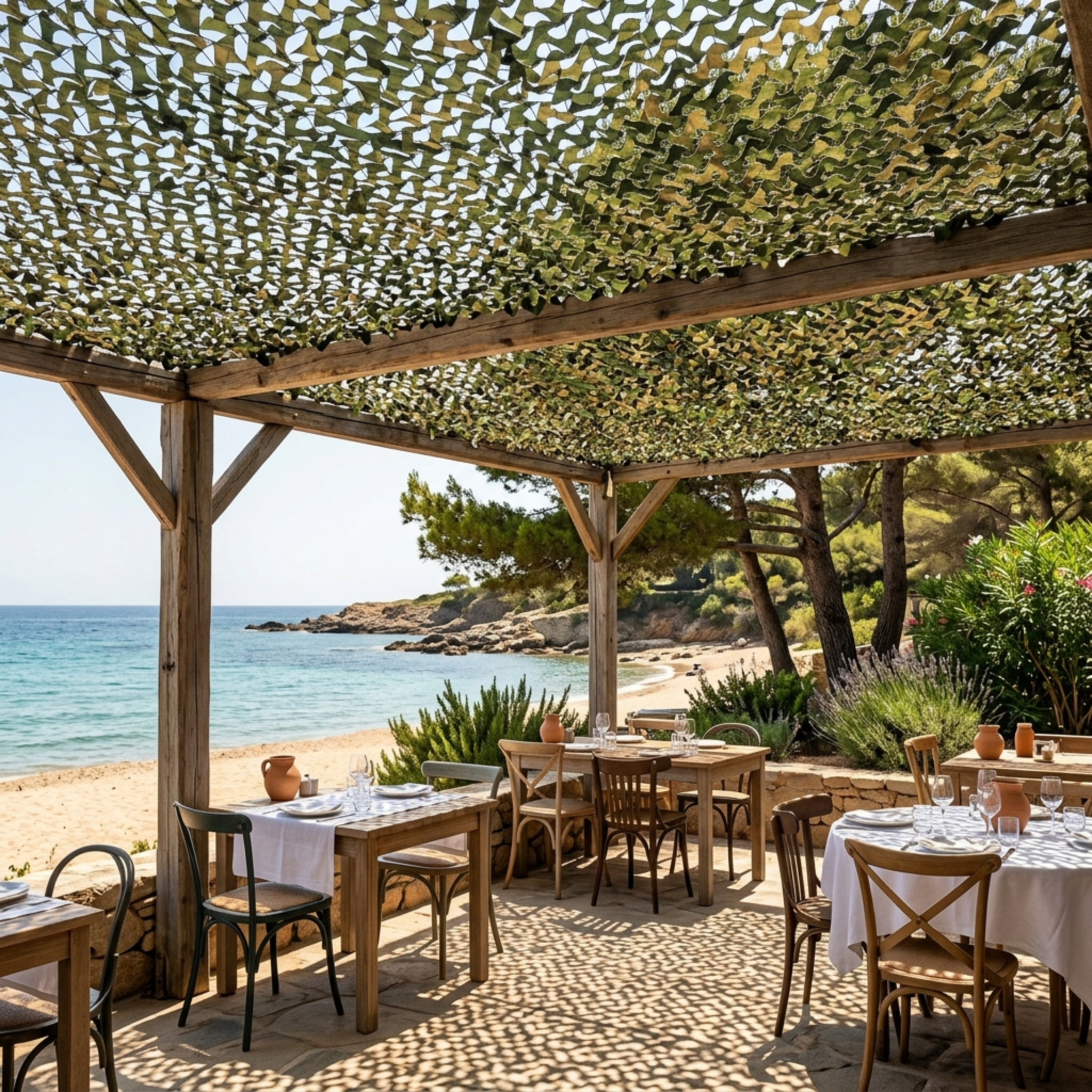 filet de camouflage vert jungle de Ombrela, devant la mer et au dessus de tables de restaurant