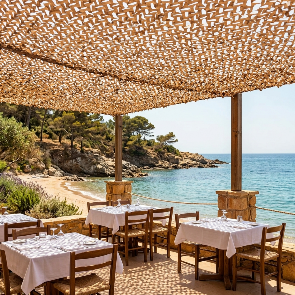 filet de camouflage marron désert de Ombrela au bord de la plage au dessus d'un restaurant