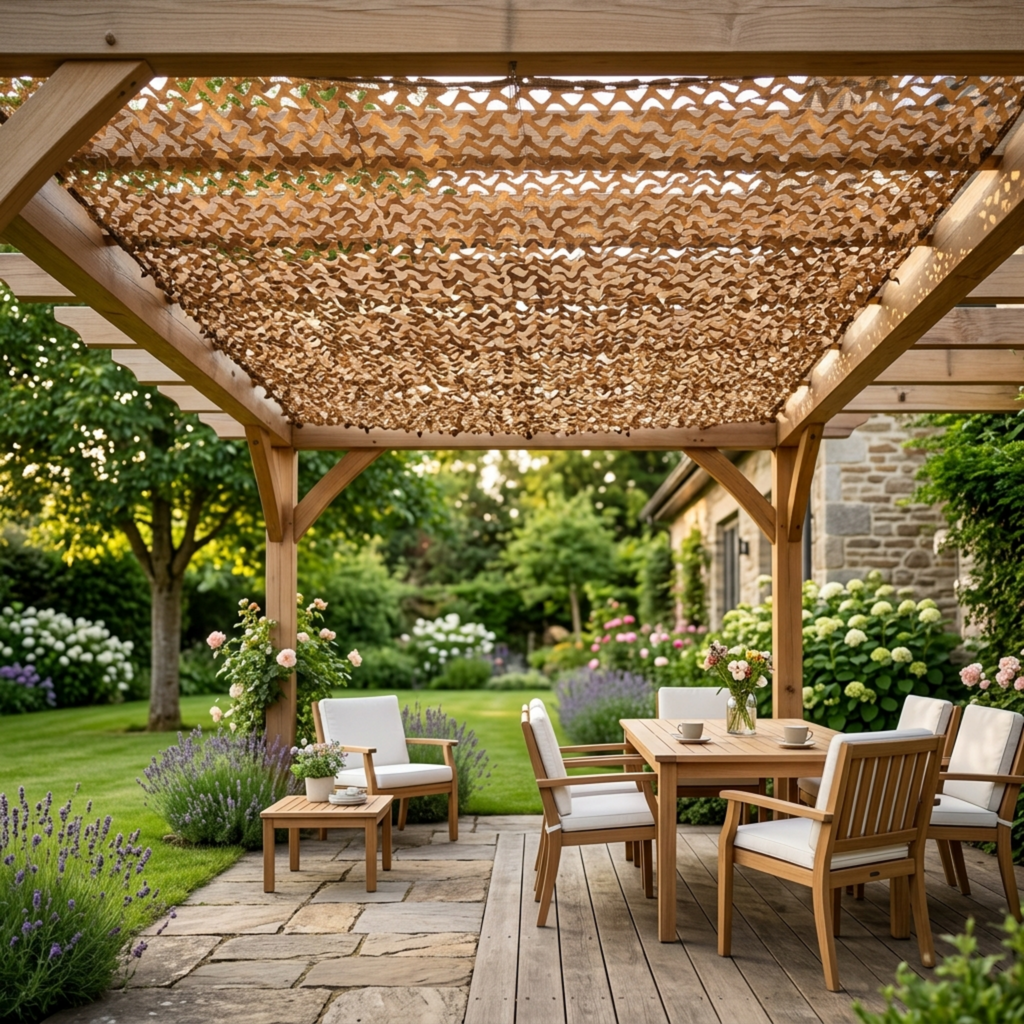 filet de camouflage marron désert de Ombrela sur une terrasse avec une pergola dans un jardin