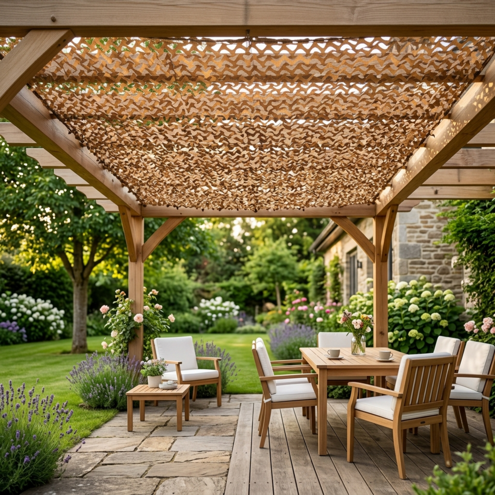 filet de camouflage marron désert de Ombrela sur une terrasse avec une pergola dans un jardin