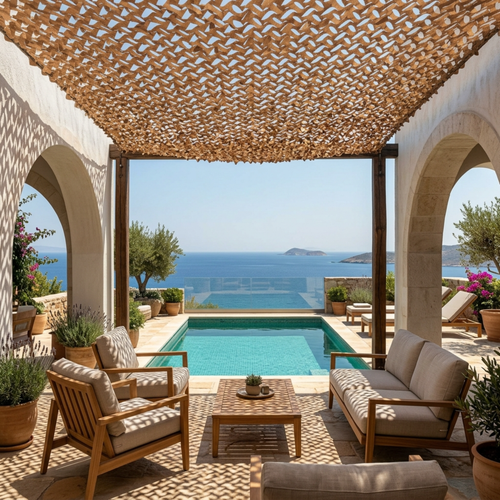 filet de camouflage marron désert de Ombrela sur une terrasse vue piscine et mer