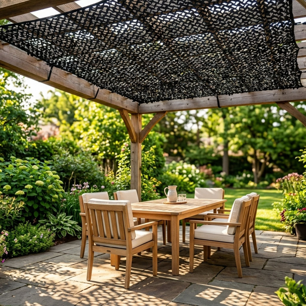 filet de camouflage noir pur de Ombrela sur une pergola dans un jardin de maison