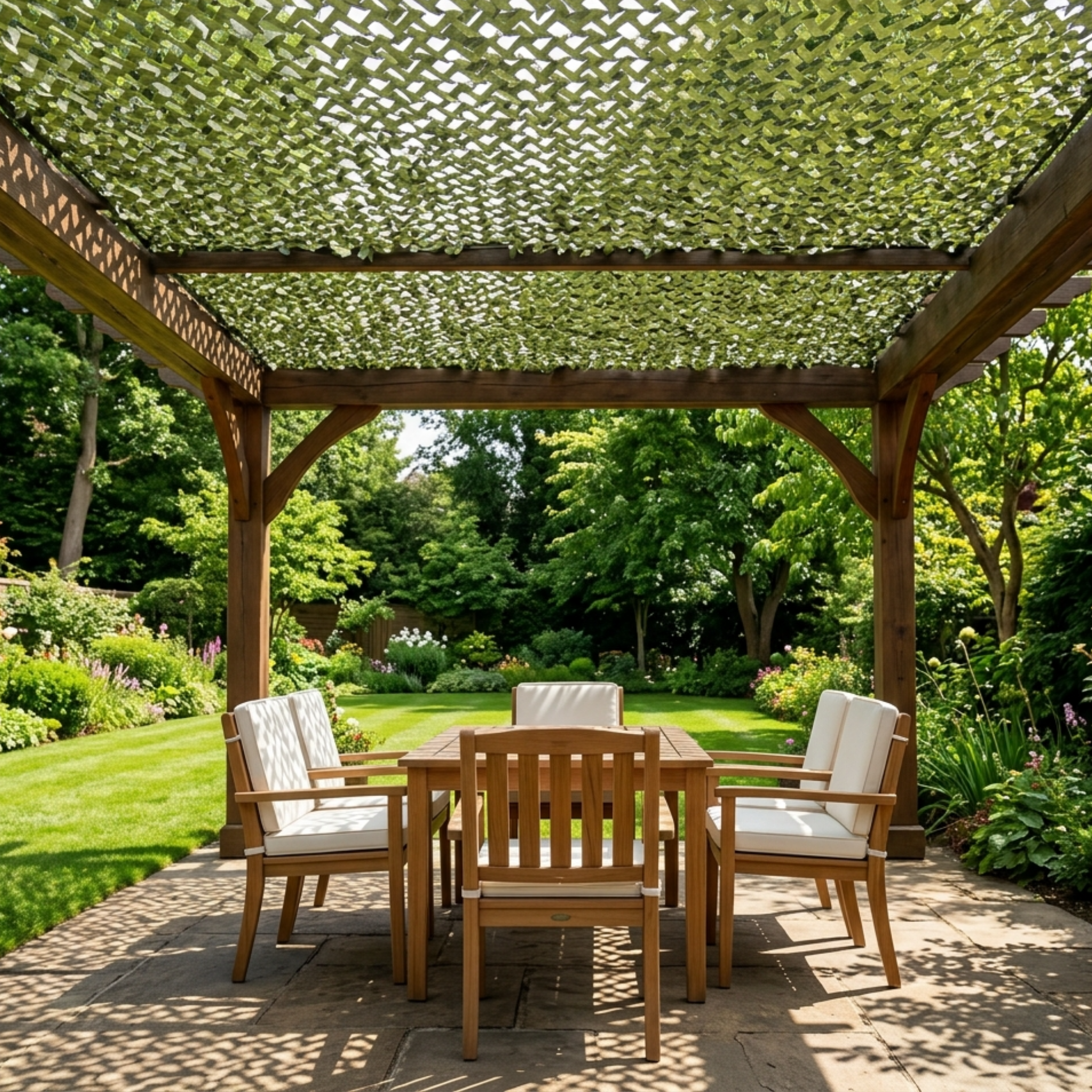 filet de camouflage vert olive de la marque ombrela, au dessus d'une pergola dans un jardin