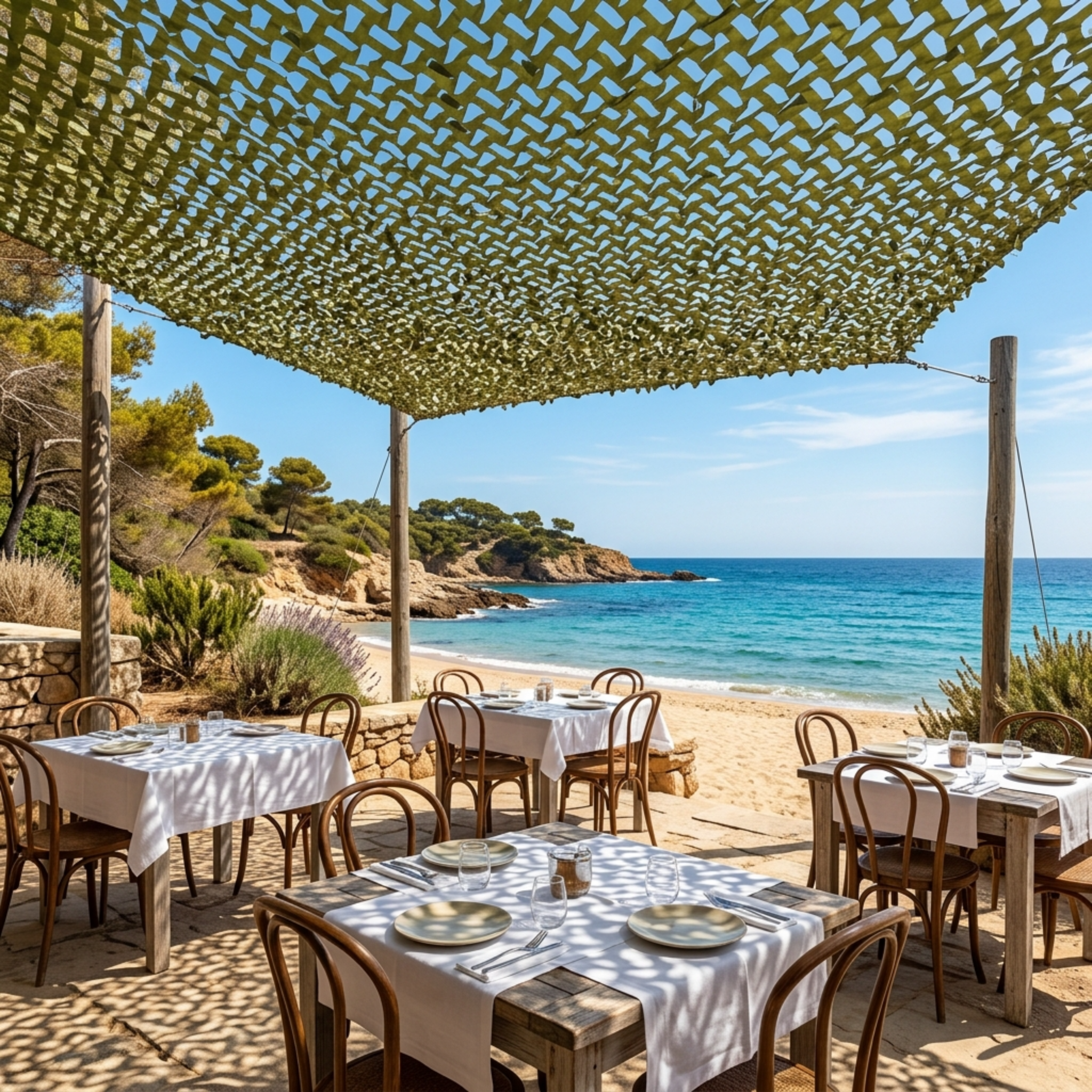 filet de camouflage ombrela vert olive au dessus de tables en bord de mer
