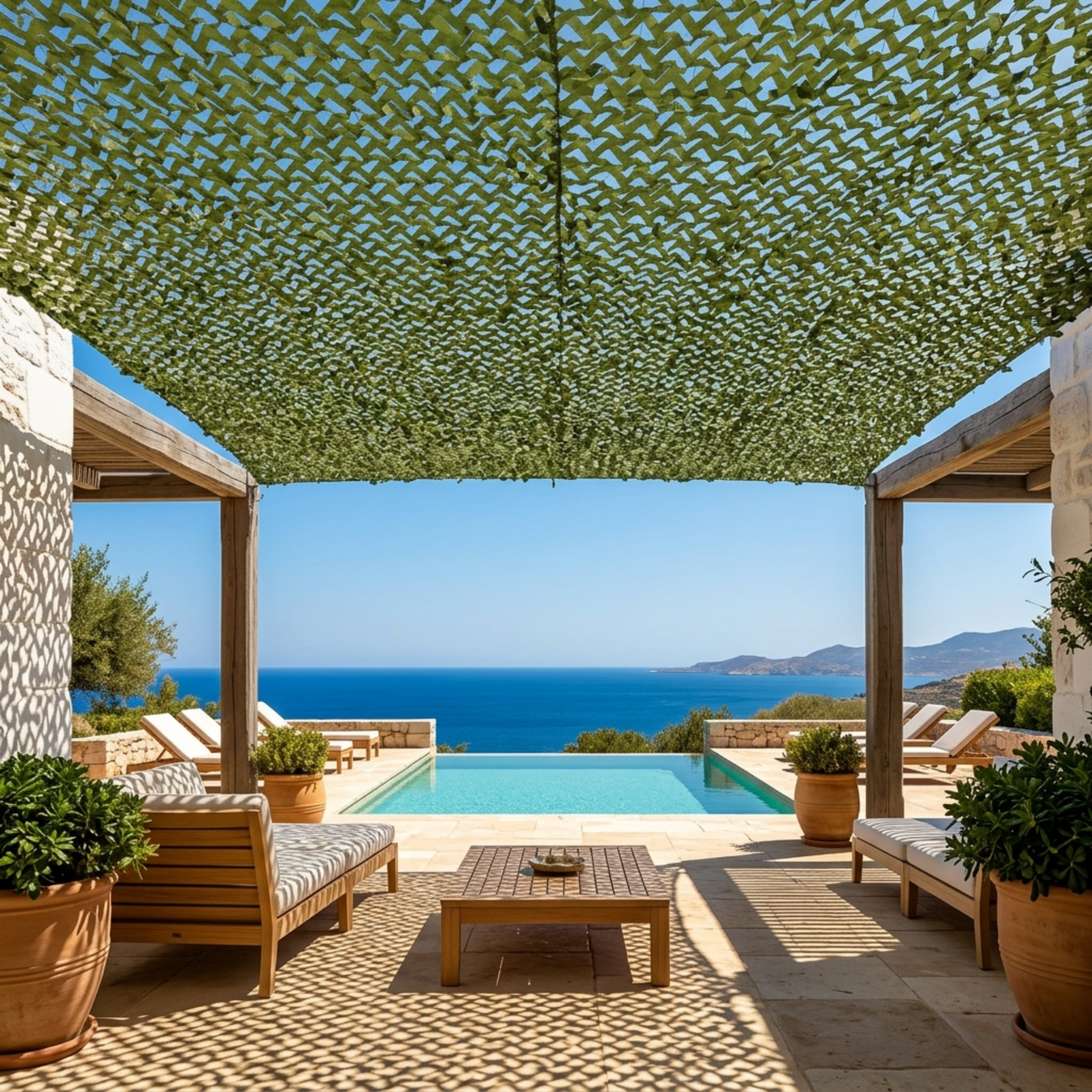 filet de camouflage vert olive ombrela sur une terrasse avec piscine et vue mer